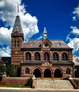 Majestic historic building at Gallaudet University with clear blue sky backdrop.